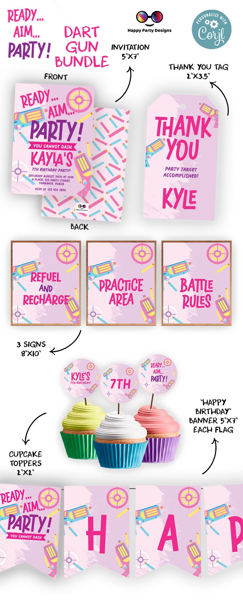 Dart Gun Invitation bundle |Dart Gun Pink Invite | Gun Blasters Battle Party Invitation | Dart Gun Invitation birthday Girl  #K172