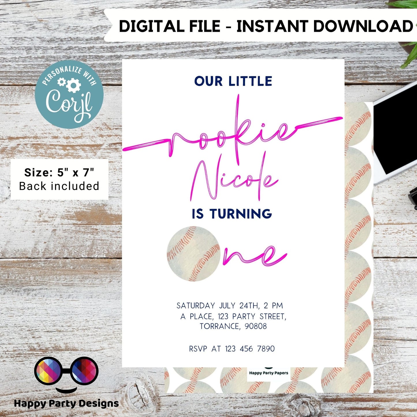 Baseball Birthday Invitation for girl | Baseball Invitation | Baseball Party | Rookie of the Year | minimalist | First Birthday |Print #K253