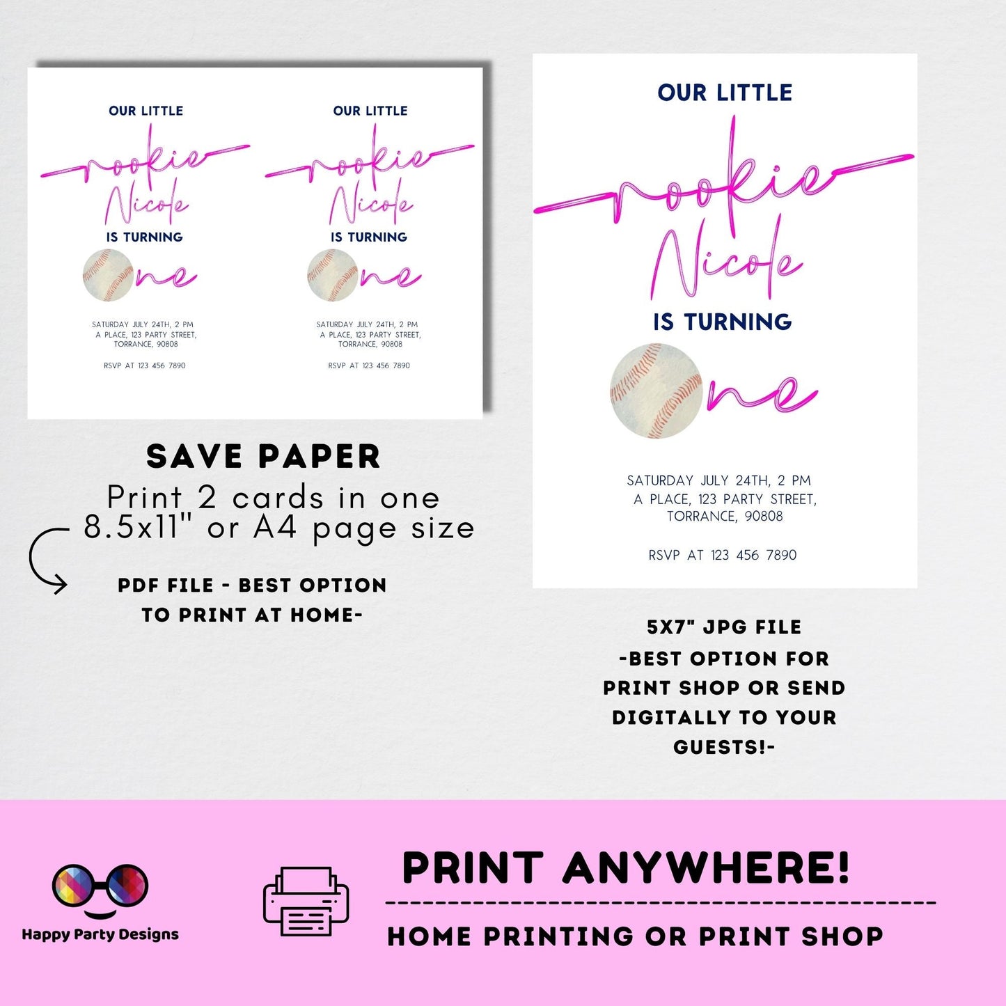 Baseball Birthday Invitation for girl | Baseball Invitation | Baseball Party | Rookie of the Year | minimalist | First Birthday |Print #K253