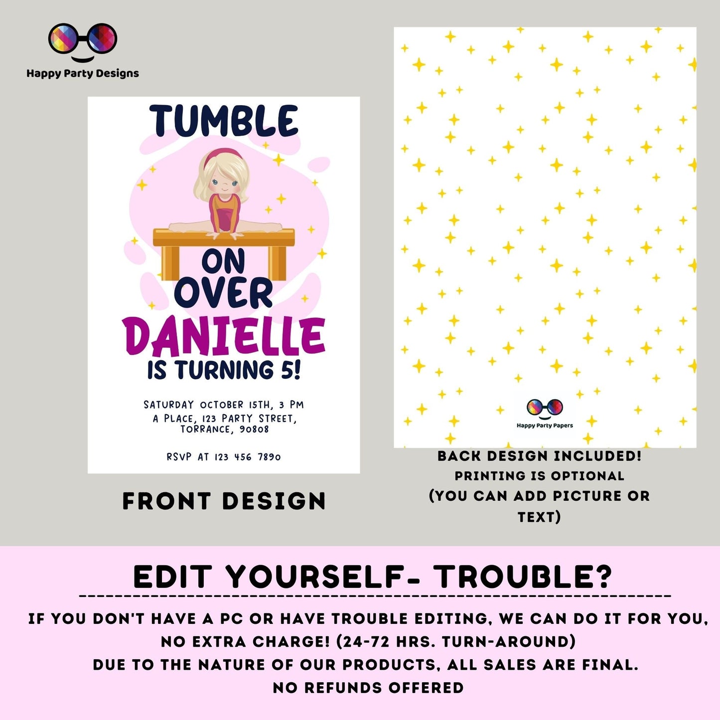 Editable Gymnastics Birthday Invitation | Sports Invitation | Girl Tumbling Gymnasts Birthday Invite | tumble on over Party Invite #K232