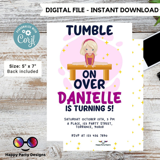 Editable Gymnastics Birthday Invitation | Sports Invitation | Girl Tumbling Gymnasts Birthday Invite | tumble on over Party Invite #K232