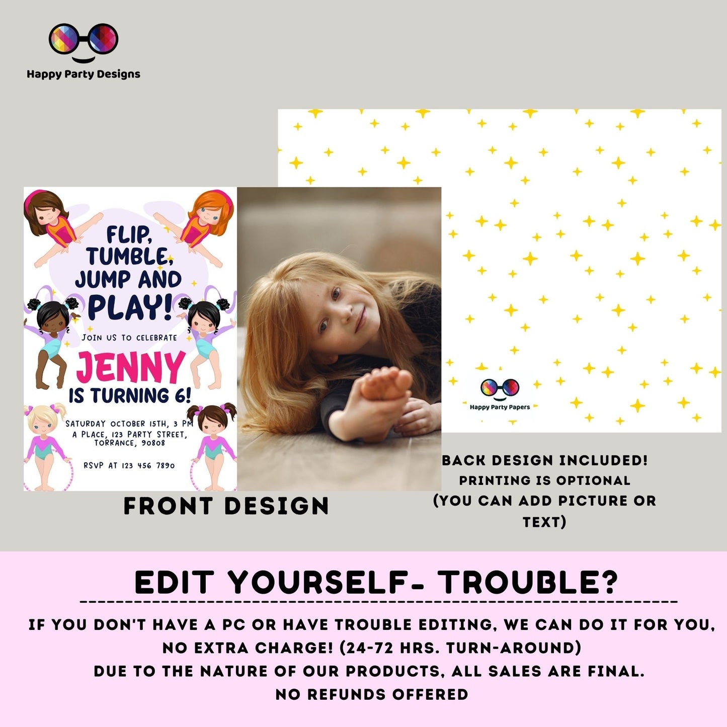 Flip, tumble, Jump and Play Editable Gymnastics Birthday Invitation with photo | Girl Tumbling Gymnast Birthday | tumble on over Party #K233