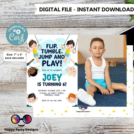 Flip, tumble, Jump and Play Editable Gymnastics Birthday Invitation with photo | Boy Tumbling Gymnast Birthday Invite | tumble on over #K233