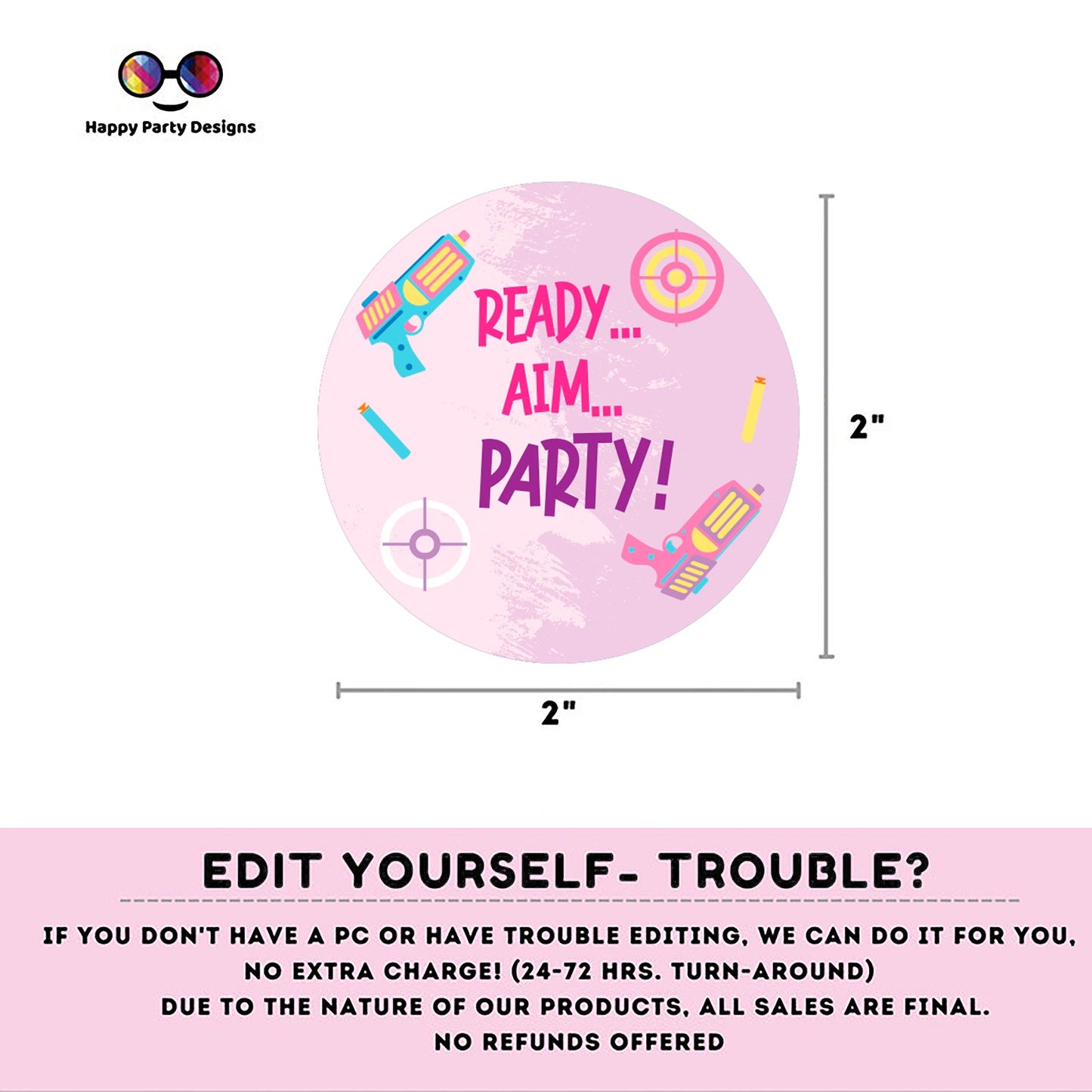 Editable Dart Gun Round Cupcake toppers | Gun Blaster Battle birthday Girl | Dart gun Birthday Party | Girl Birthday Party | stickers #K172