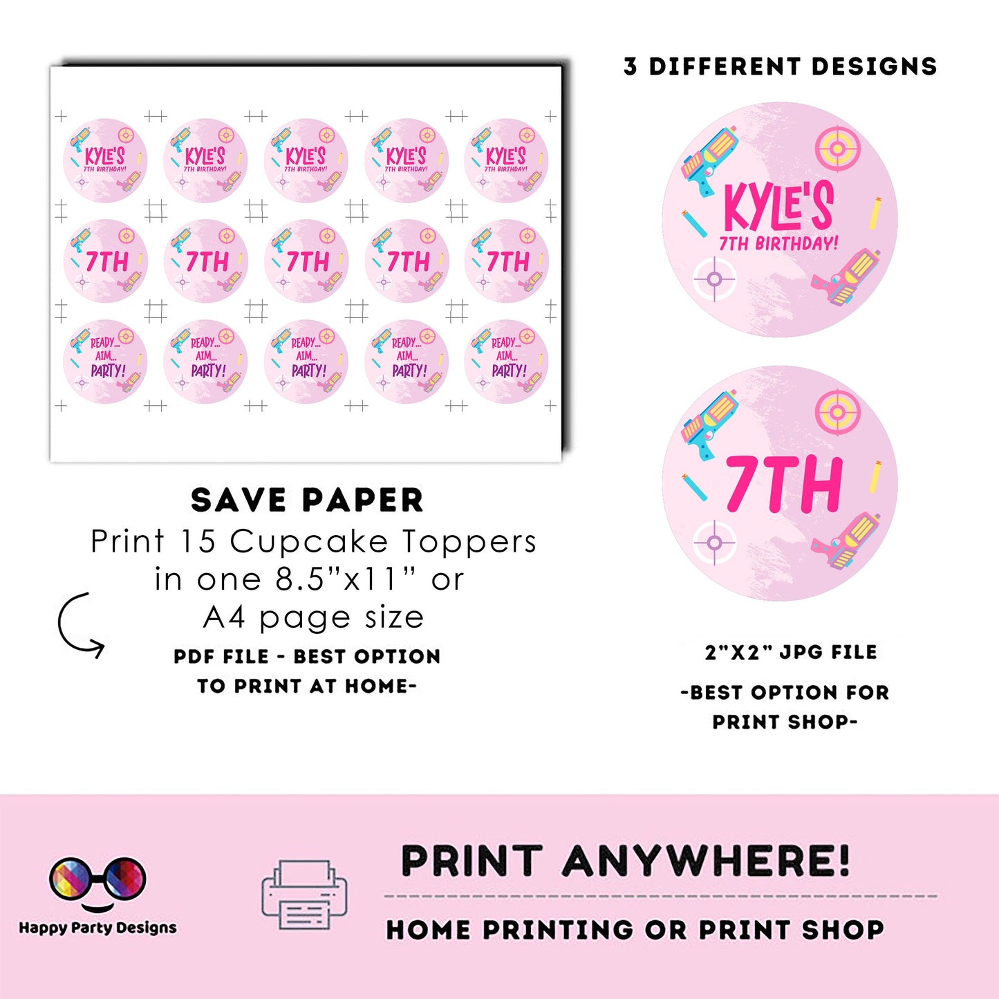 Editable Dart Gun Round Cupcake toppers | Gun Blaster Battle birthday Girl | Dart gun Birthday Party | Girl Birthday Party | stickers #K172