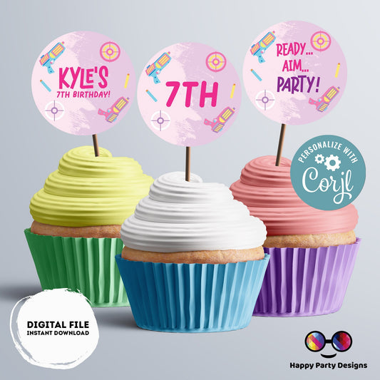 Editable Dart Gun Round Cupcake toppers | Gun Blaster Battle birthday Girl | Dart gun Birthday Party | Girl Birthday Party | stickers #K172