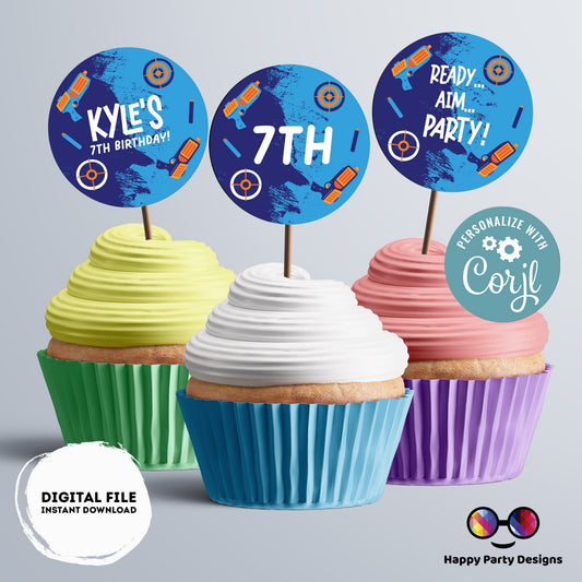 Editable Dart Gun Round Cupcake toppers | Gun Blaster Battle birthday Girl | Dart gun Birthday Party | Boy Birthday Party | Stickers #K172
