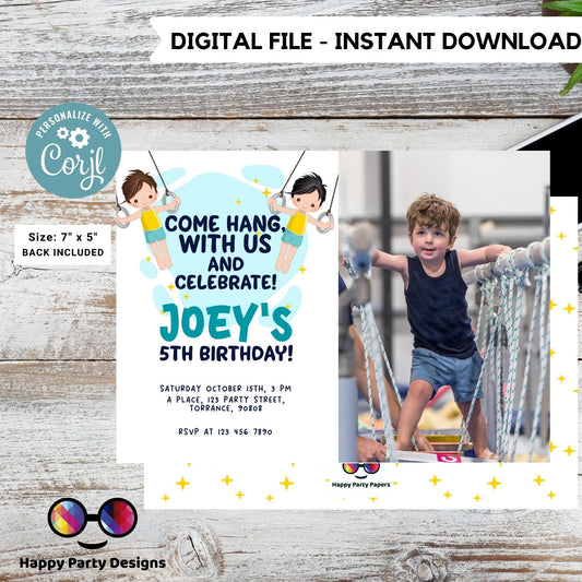 Editable Rings Gymnastics Birthday Invitation | Gymnastic rings Invitation | Boy Gymnasts Birthday Invite | Artistic gymnastics  #K235