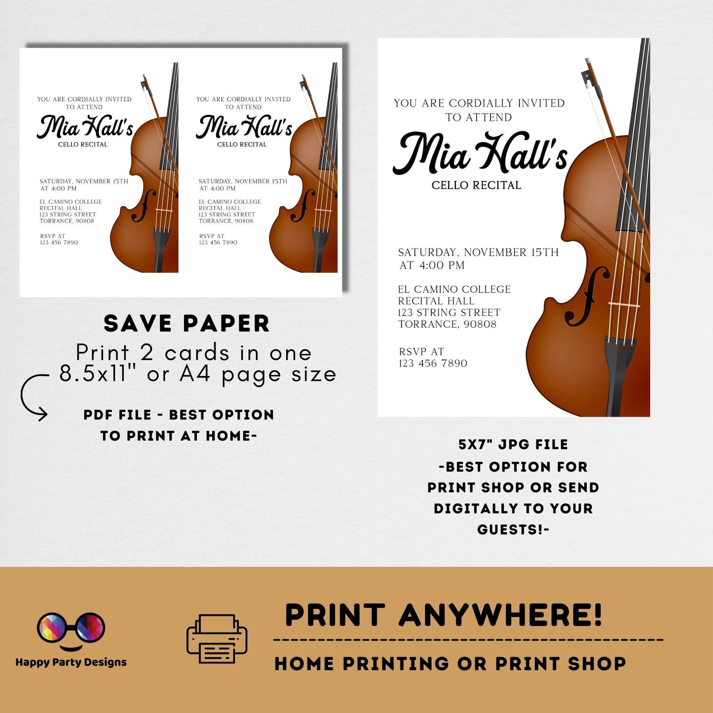 EDITABLE Cello Recital Invitation Template | Orchestra Concert | Instant Download | Digital | Personalize Online #K236
