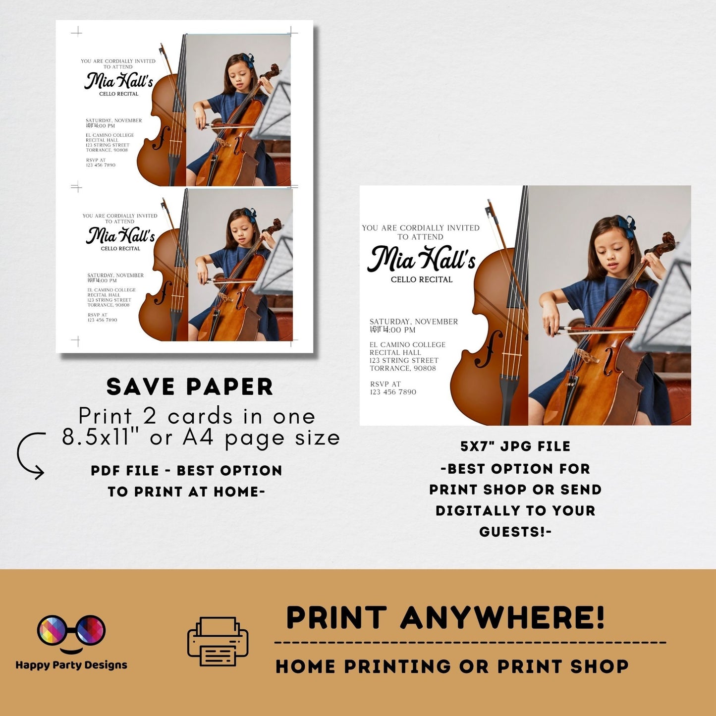 EDITABLE Cello Recital Invitation Template with photo | Orchestra Concert | Instant Download | Digital | Personalize Online #K236
