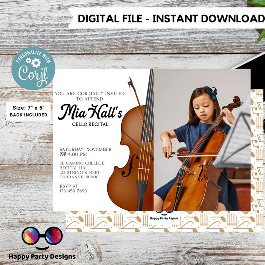 EDITABLE Cello Recital Invitation Template with photo | Orchestra Concert | Instant Download | Digital | Personalize Online #K236