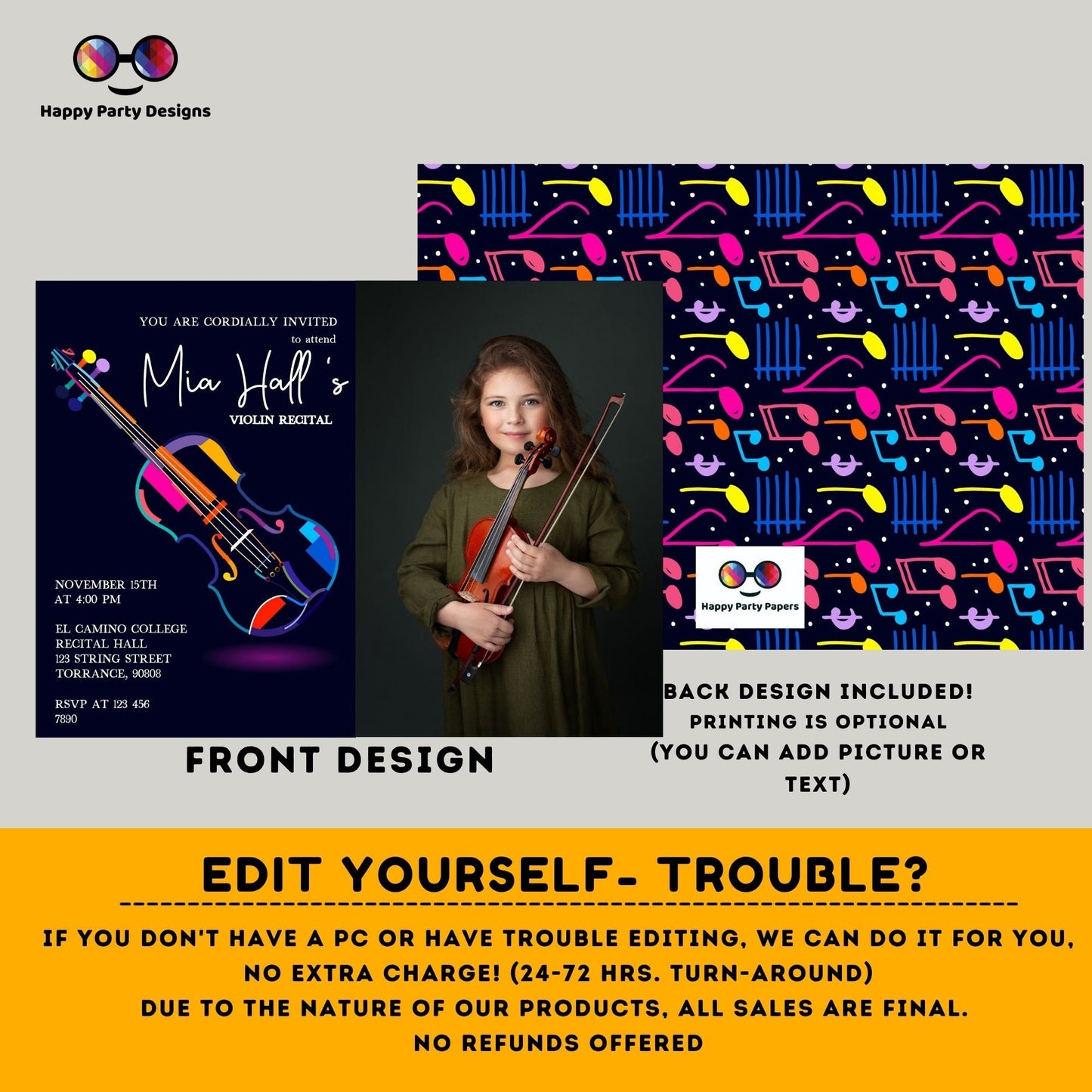 EDITABLE Violin Recital Invitation Template with photo | Orchestra Concert | Instant Download | Digital | Personalize Online | musical #K236