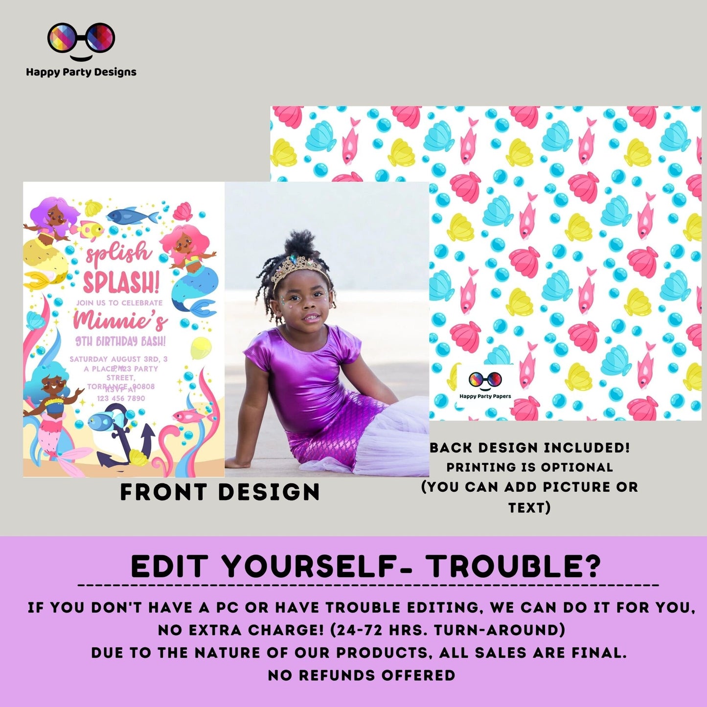 Editable Mermaid Invitation with photo | African American mermaid party | Mermaid Birthday | Mermaid Digital File | INSTANT download #K238