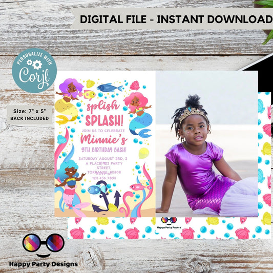Editable Mermaid Invitation with photo | African American mermaid party | Mermaid Birthday | Mermaid Digital File | INSTANT download #K238