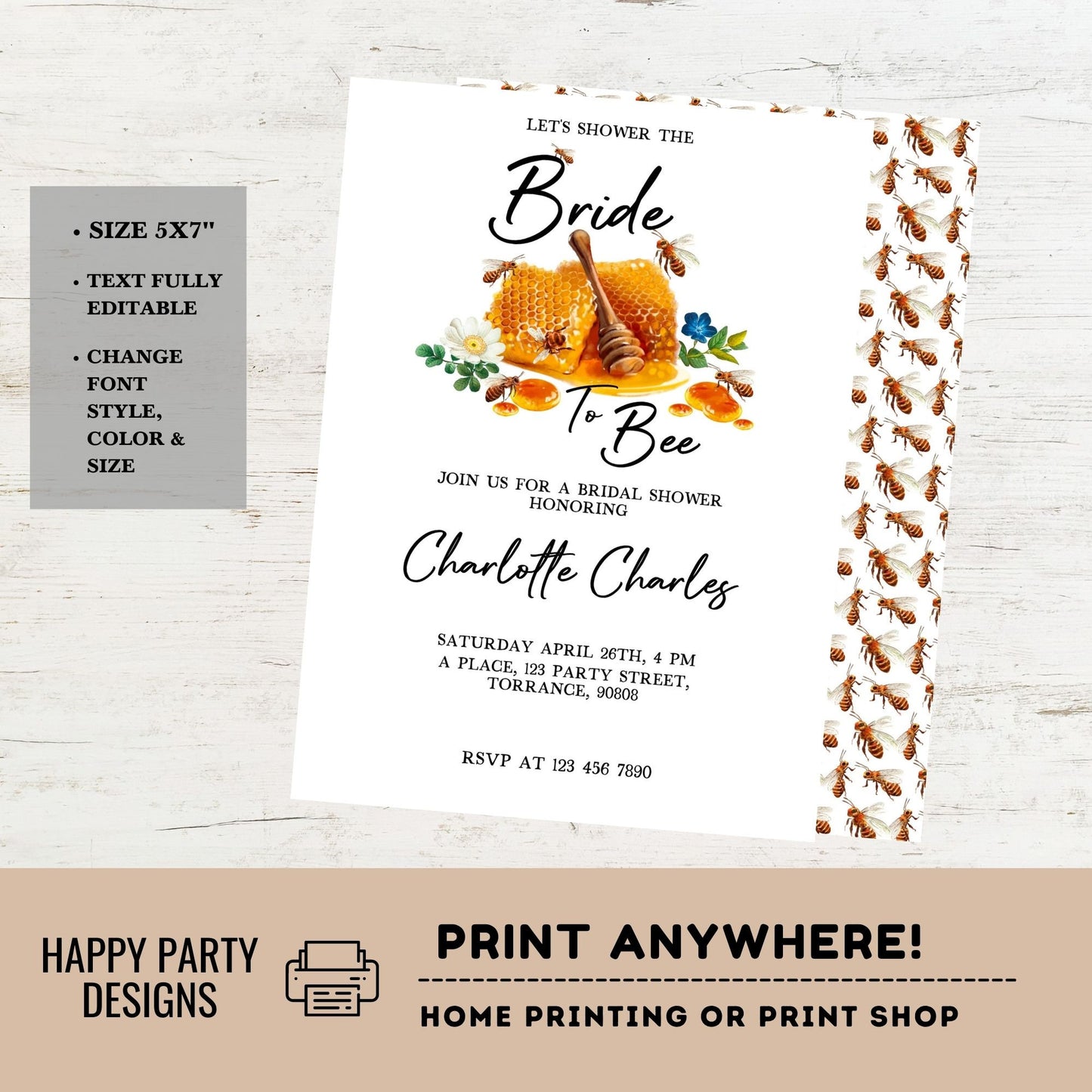 Bride to bee Shower Invitation Template | Editable Bridal Shower | bride to bee Invite | Honey Printable Invitation | bee and flowers #W16