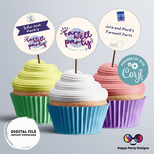 Farewell Editable Round Cupcake toppers | Moving party cupcake toppers  |  Von Voyage Party | Girl Birthday Party | stickers #A8