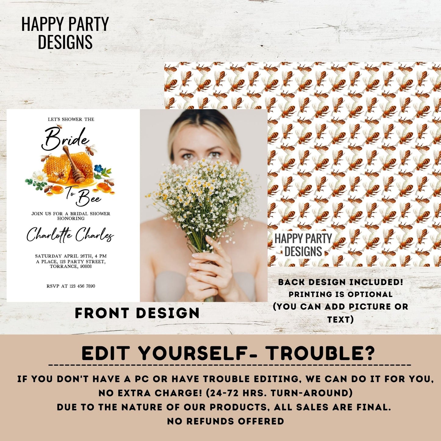 Bride to bee Shower Invitation Template with photo | Editable Bridal Shower | bride to bee Invite | Honey Printable | bee and flowers #W16