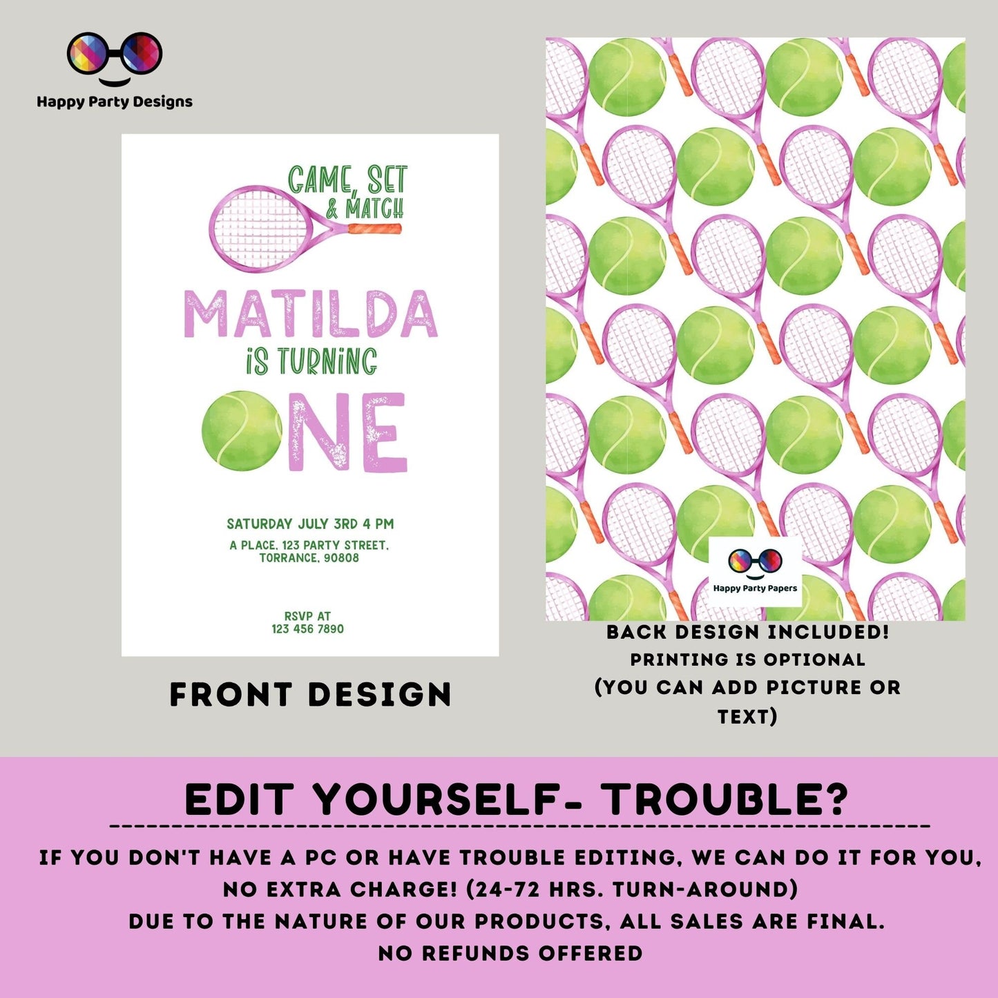 Tennis Birthday Invitation | Tennis Invitation for girl | Tennis Party | Tennis Game Invitation | minimalist | First Birthday | Print #K256