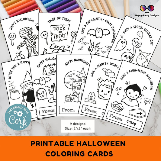 Halloween Printable Coloring Cards  EDITABLE Set of 9 | for Kids | Halloween Coloring Activity | Trick or Treat activity | Halloween Treats