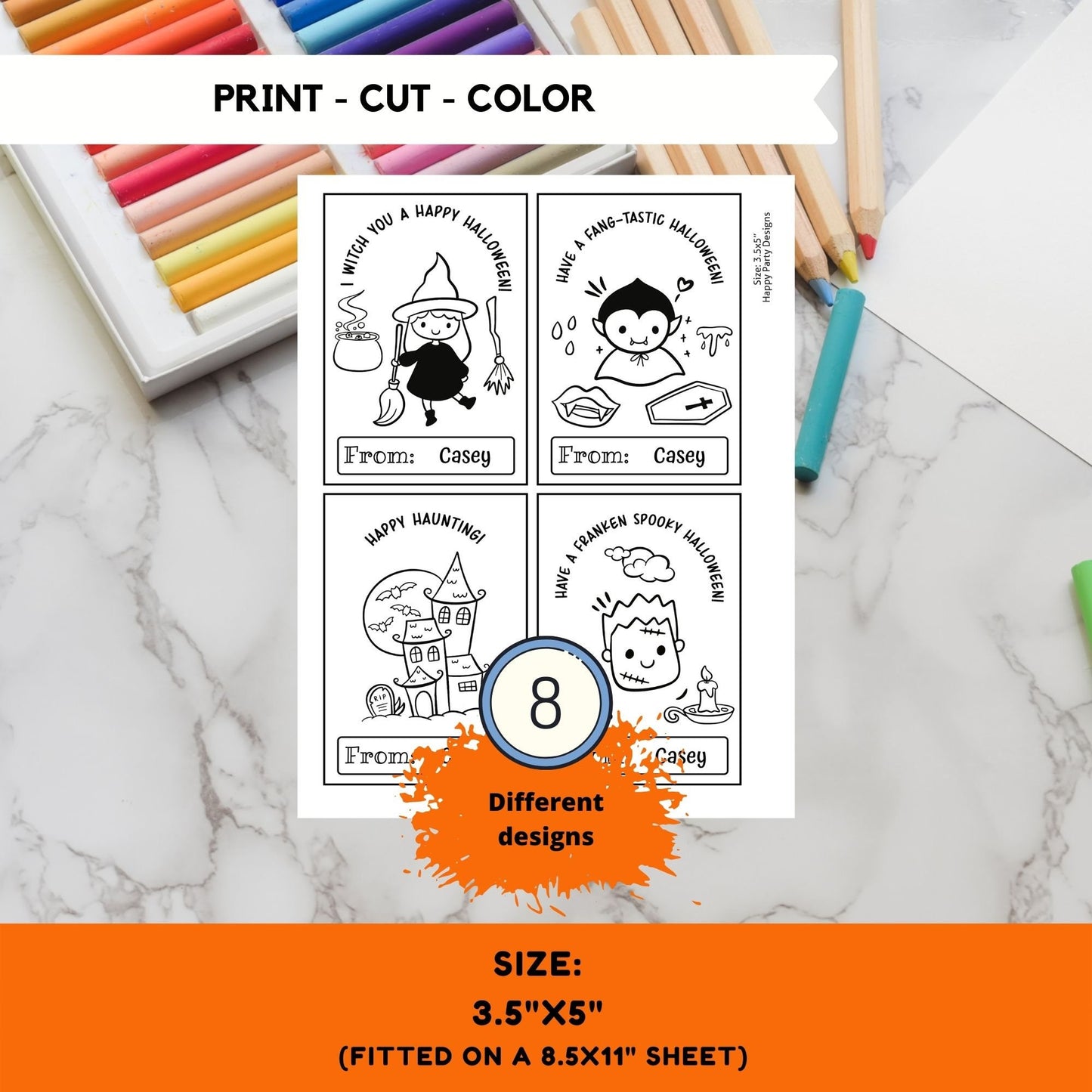 EDITABLE Halloween Printable Coloring Cards Set of 8 | for Kids | Halloween Coloring Activity | Trick or Treat activity | Halloween Treats