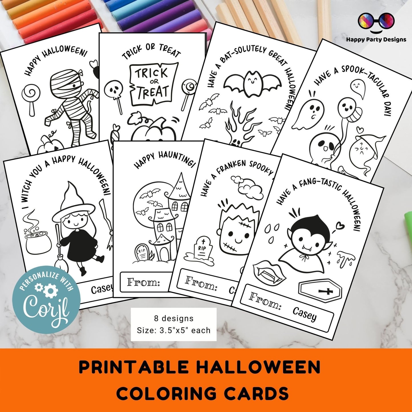 EDITABLE Halloween Printable Coloring Cards Set of 8 | for Kids | Halloween Coloring Activity | Trick or Treat activity | Halloween Treats