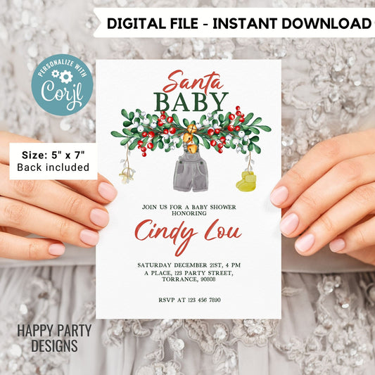 Editable Santa Baby Shower Invitation | Christmas Baby shower printable invite | Holiday Christmas Shower Invitation | Baby Christmas #B47