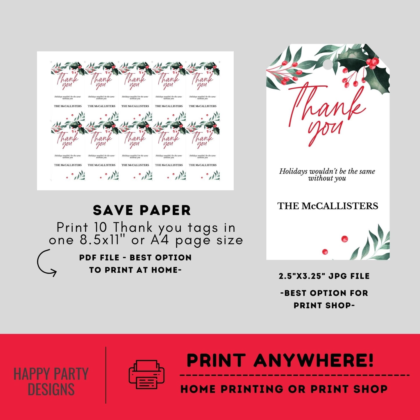 Editable Christmas Party thank you tag | Christmas printable thank you tag | Holiday Christmas gift tag | thank you tag | Xmas Favor #A34