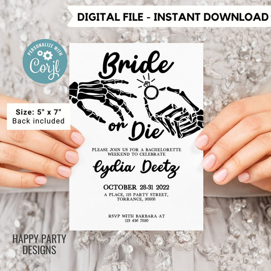 Editable Bride or die bridal invitation | bridal shower | Boos and Booze Invitations | Skull Bachelorette | Halloween Bride or Die #W17