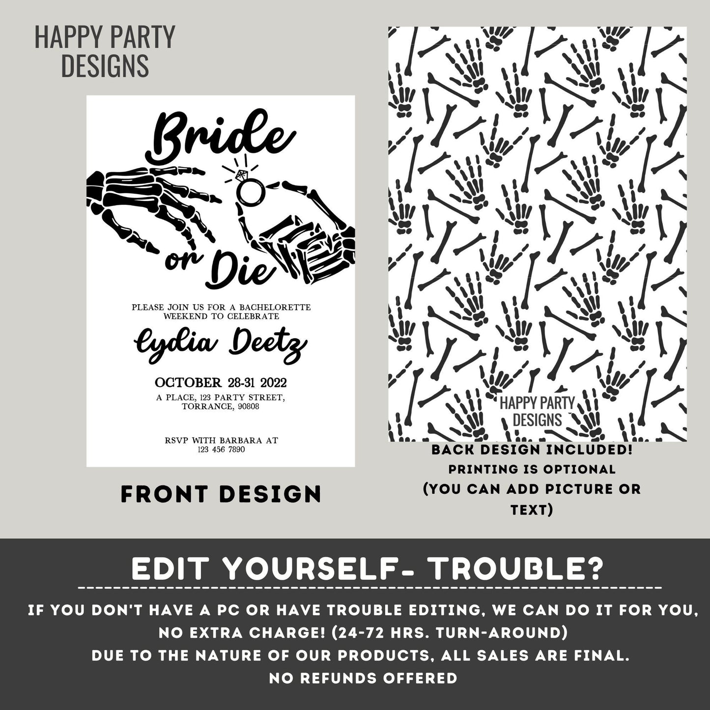 Editable Bride or die bridal invitation | bridal shower | Boos and Booze Invitations | Skull Bachelorette | Halloween Bride or Die #W17
