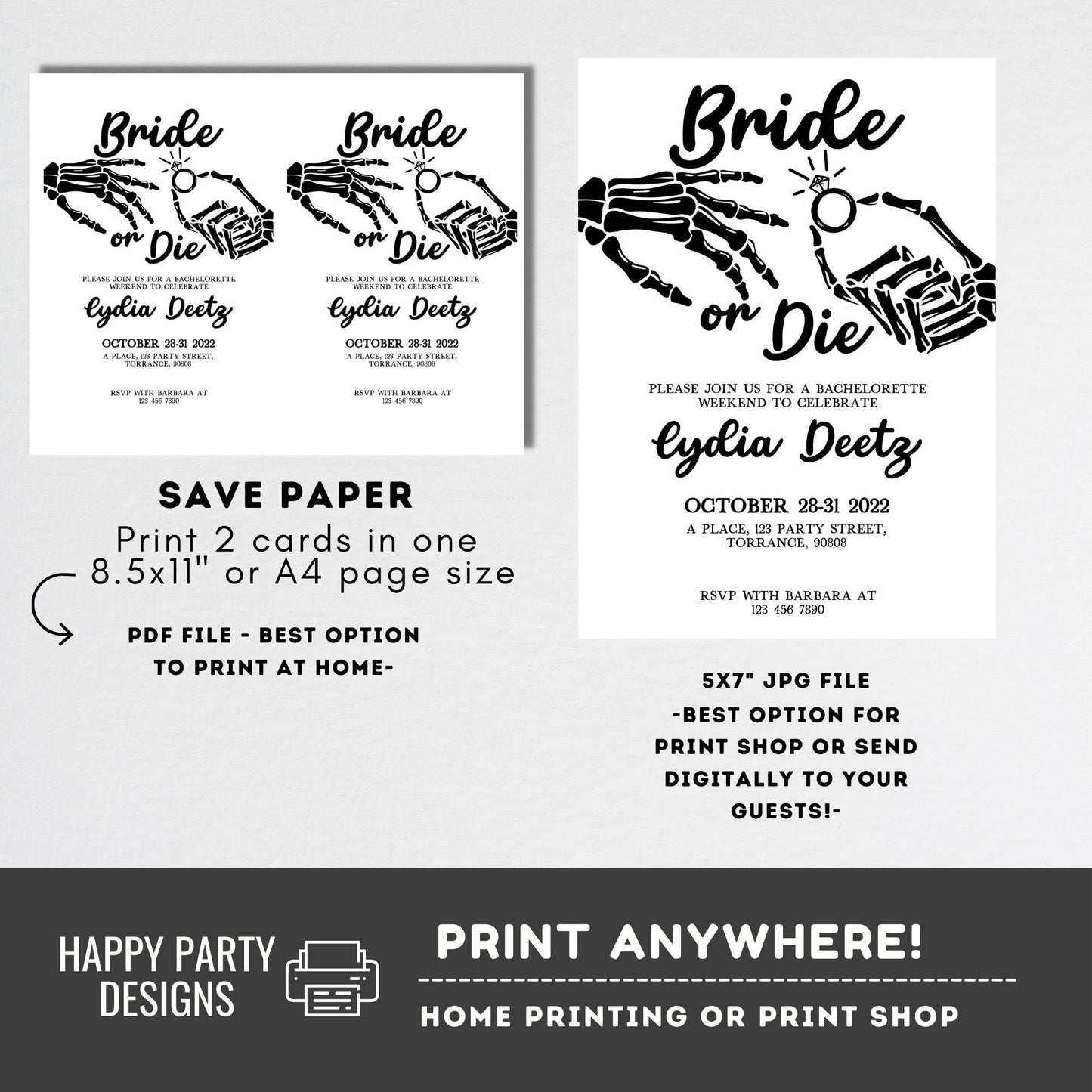 Editable Bride or die bridal invitation | bridal shower | Boos and Booze Invitations | Skull Bachelorette | Halloween Bride or Die #W17