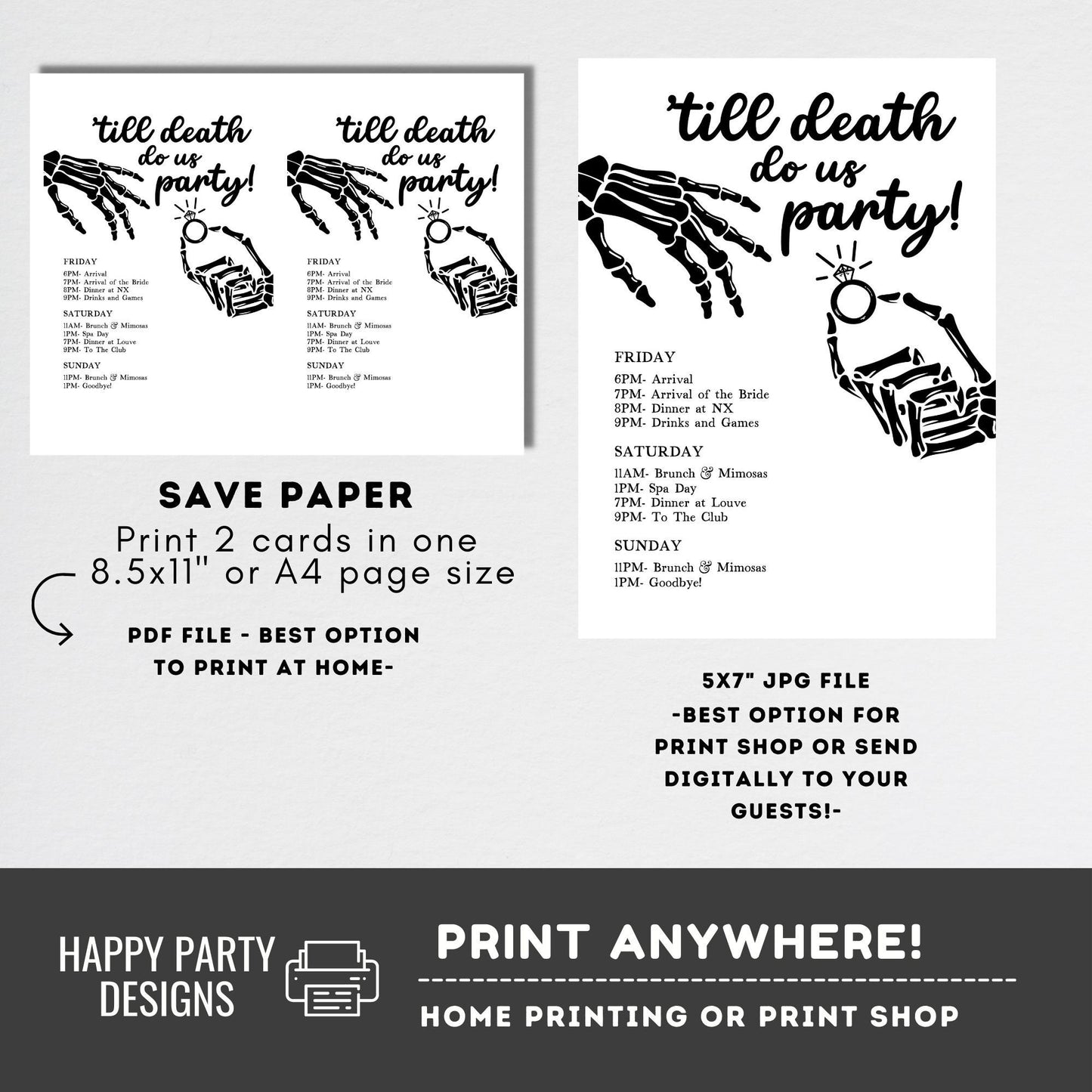 Editable Halloween Bride or Die Bachelorette Weekend Itinerary | Bridal Party Template itinerary |Bachelorette | Skellington Hands Bach #W17