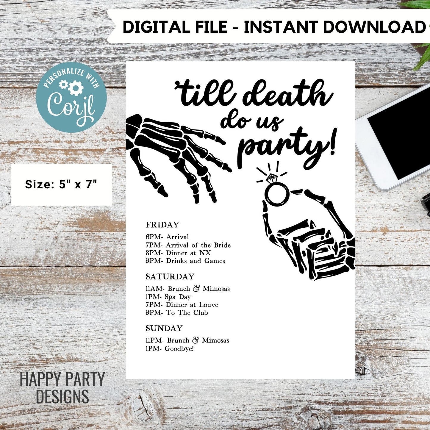 Editable Halloween Bride or Die Bachelorette Weekend Itinerary | Bridal Party Template itinerary |Bachelorette | Skellington Hands Bach #W17