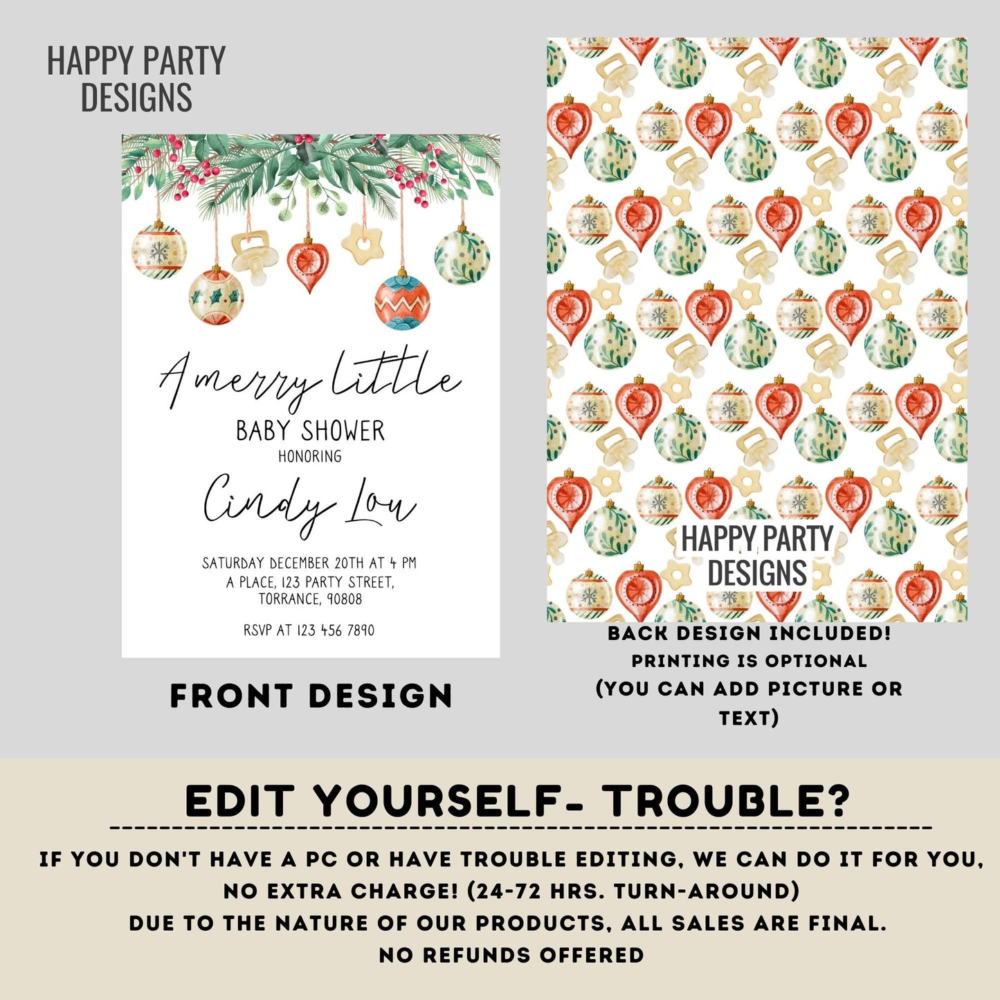 Editable A Merry little baby Shower Invitation | Christmas Baby shower printable invite | Holiday Christmas Shower Invitation | Baby #B49
