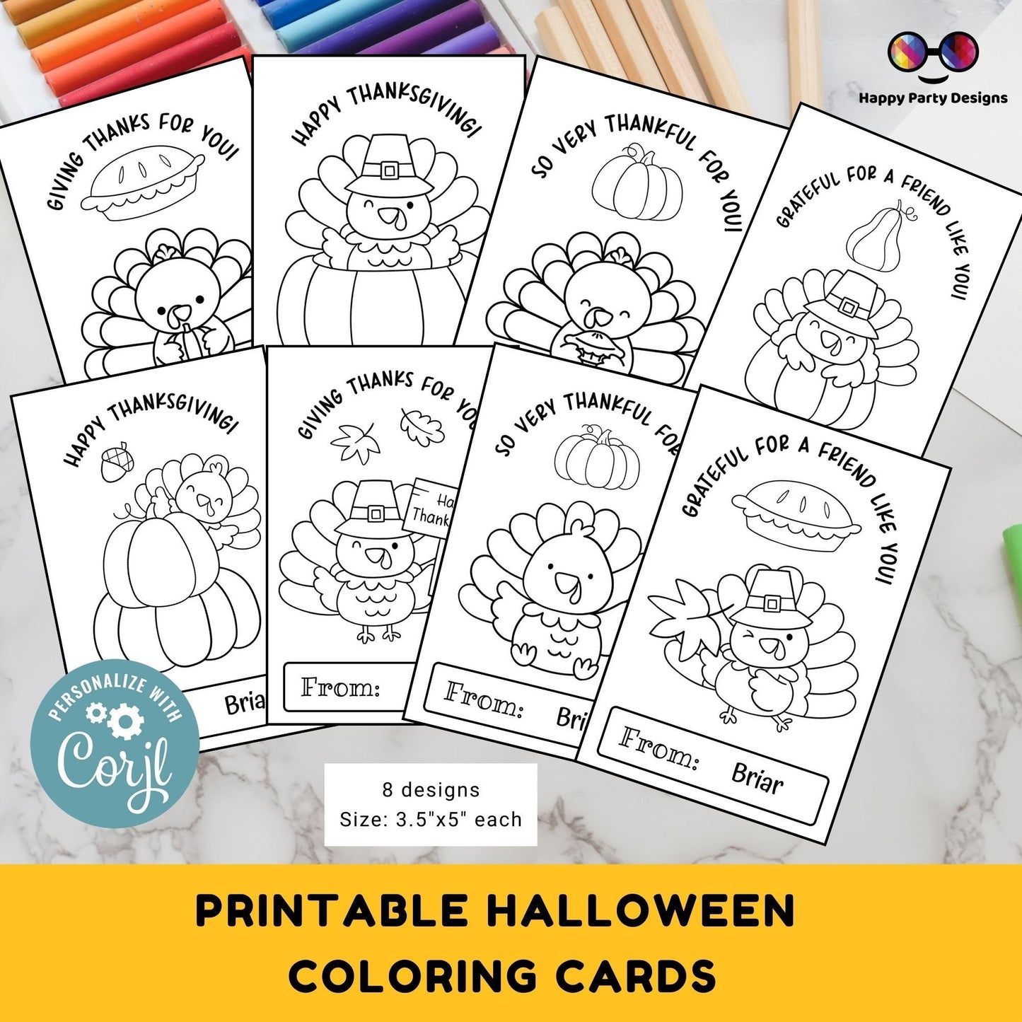 EDITABLE Thanksgiving Printable Coloring Cards Editable Set of 8 | for Kids | Thanksgiving Coloring Activity | Thanksgiving activity #K258