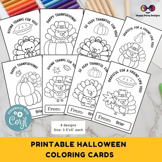 EDITABLE Thanksgiving Printable Coloring Cards Editable Set of 8 | for Kids | Thanksgiving Coloring Activity | Thanksgiving activity #K258