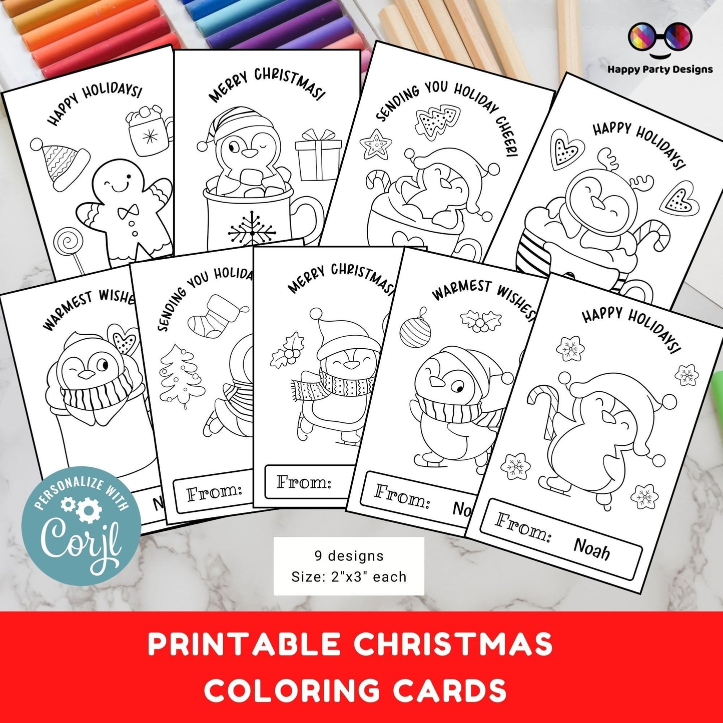 Editable Christmas small Printable Coloring Cards Editable Set of 9 | Christmas Coloring | Christmas activity | Christmas Cards for kids
