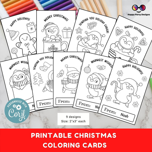 Editable Christmas small Printable Coloring Cards Editable Set of 9 | Christmas Coloring | Christmas activity | Christmas Cards for kids