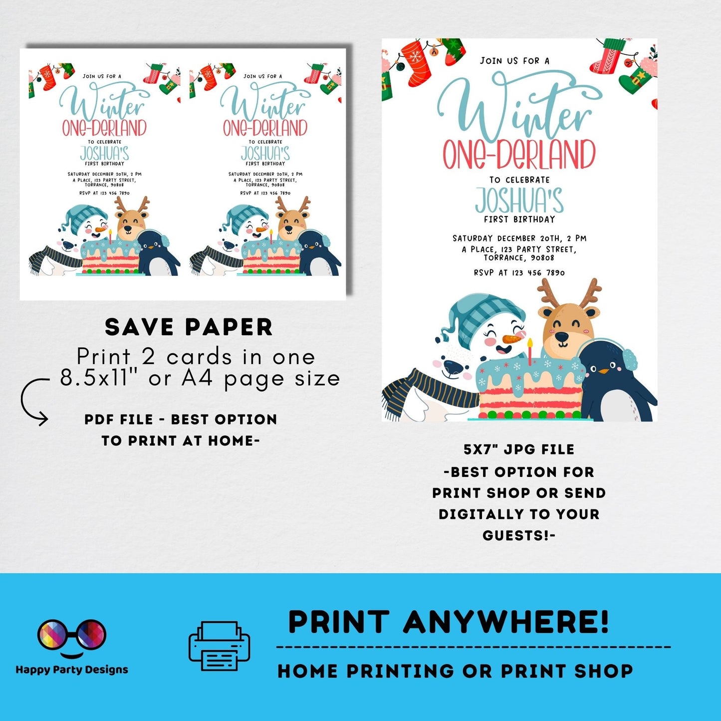 Editable Winter One-derland invitation | Digital winter birthday printable invite | Birthday boy | winter animals Invitation #K239