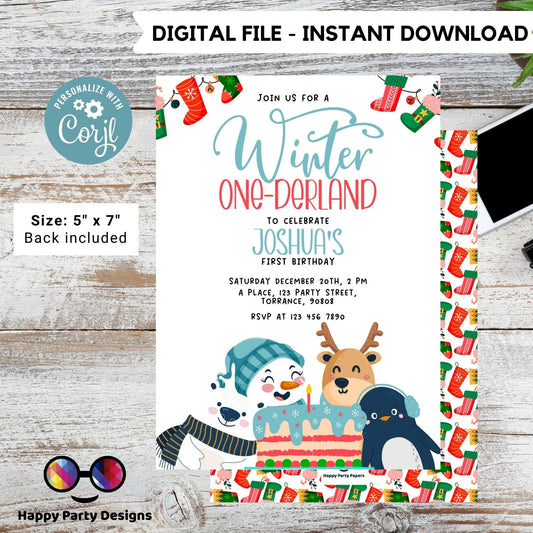 Editable Winter One-derland invitation | Digital winter birthday printable invite | Birthday boy | winter animals Invitation #K239