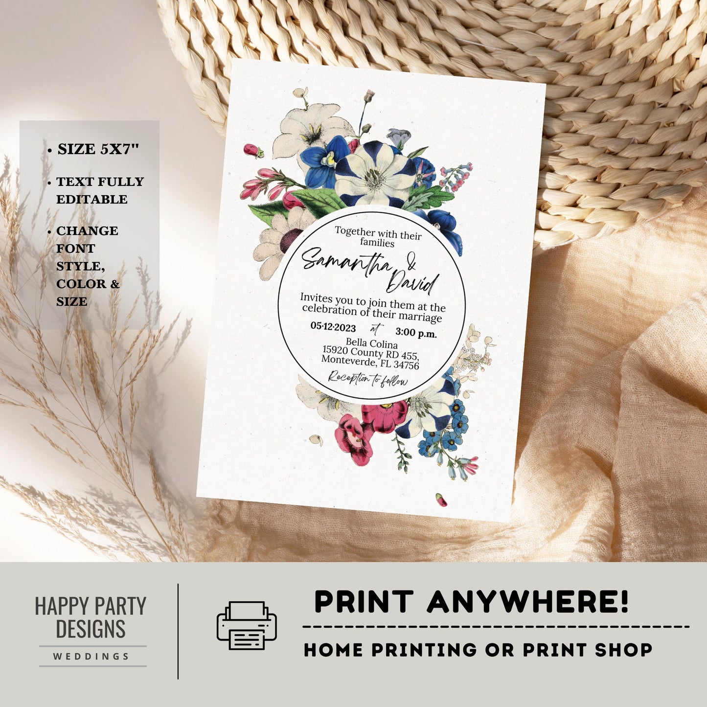 Editable Royal Blue Floral Invitation | Romantic wedding Invite | Burgundy floral Wedding | White flowers | Red flowers and greenery #W19