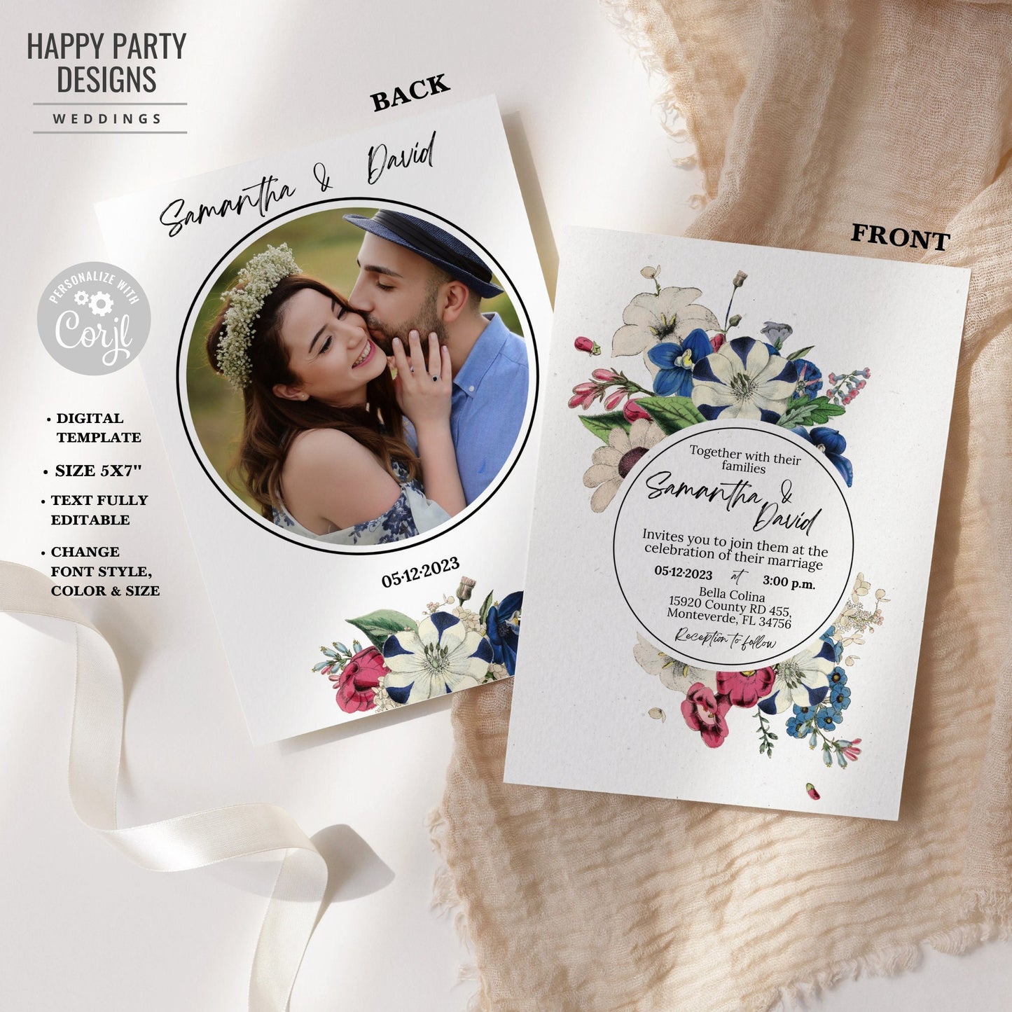 Editable Royal Blue Floral Invitation | Romantic wedding Invite | Burgundy floral Wedding | White flowers | Red flowers and greenery #W19