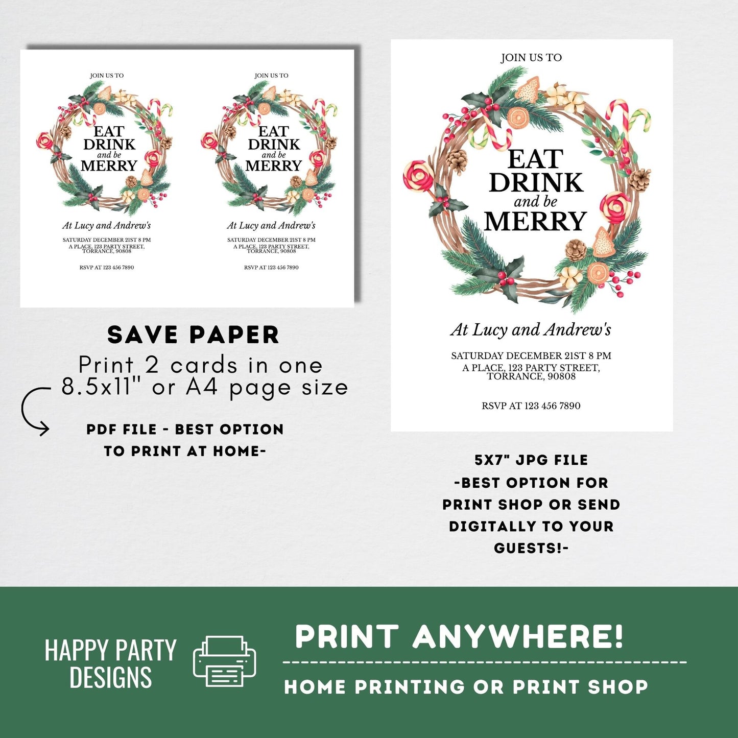 Editable Eat, drink and be Merry Party Invitation | Christmas friends Party printable | Christmas Party Invitation | Christmas invite #A38