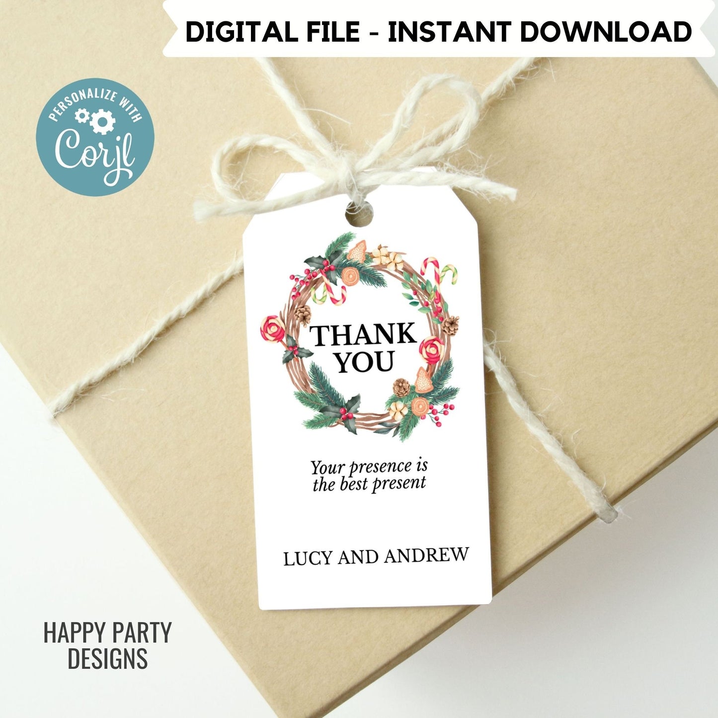 Editable Christmas wreath thank you tag | Christmas printable thank you tag | Holiday Christmas gift tag | thank you tag | Xmas Favor #A38