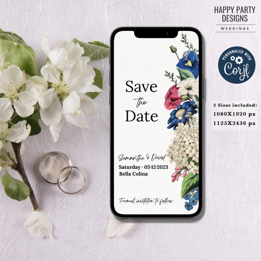 Electronic Save The Date Template | Editable electronic Royal Blue Floral save the date | Romantic wedding | Burgundy floral Wedding #W19