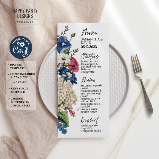 Editable floral Wedding Menu Template | Royal blue, burgundy, white Elegant Wedding Menu, Printable, Fully Editable, INSTANT Download #W19