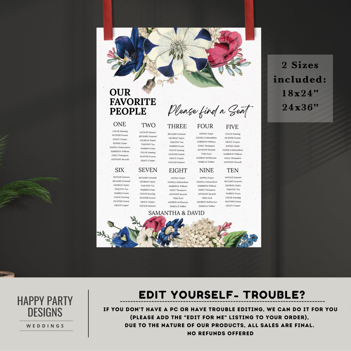 Editable Wedding Seating Chart Template | Royal wedding | wedding Decorations | Wedding Seating Plan Sign | Royal blue, Burgundy, white #W19