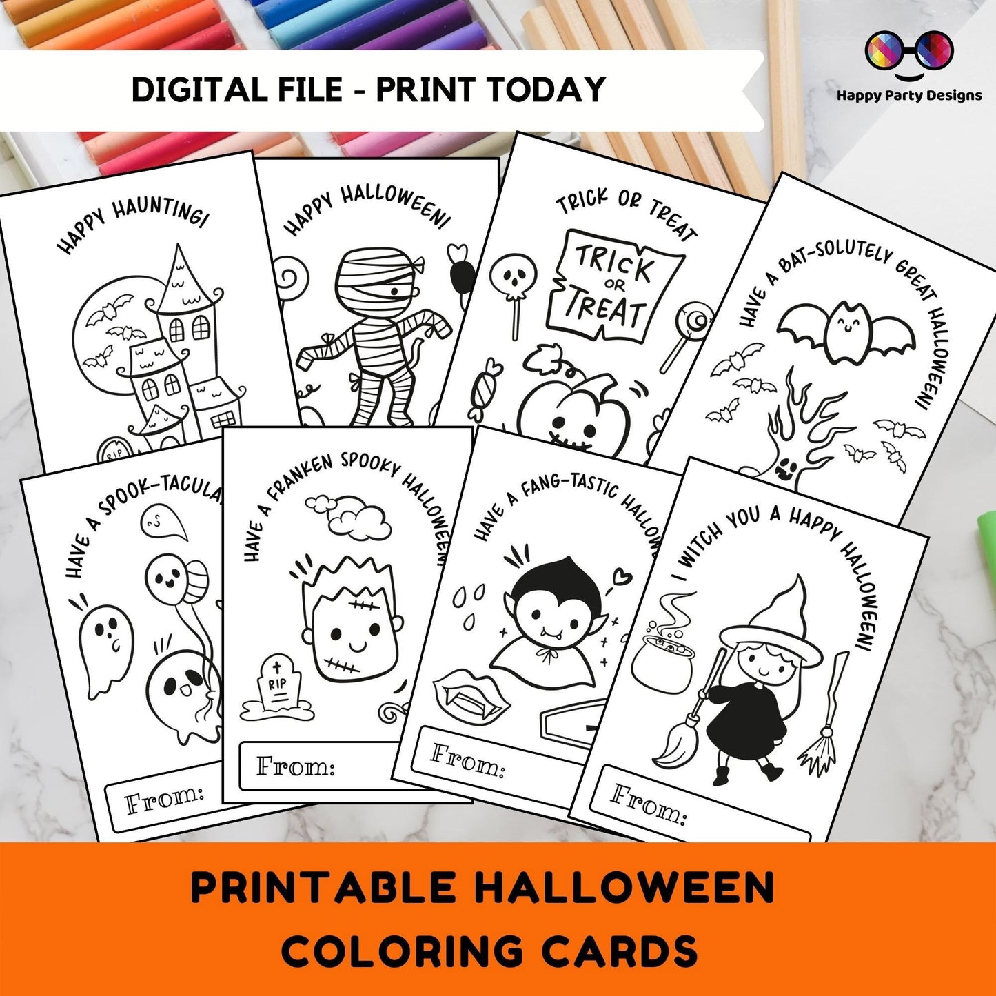Halloween Printable Coloring Cards INSTANT DOWNLOAD Set of 8 | for Kids | Halloween Coloring Activity | Trick or Treat activity | Halloween