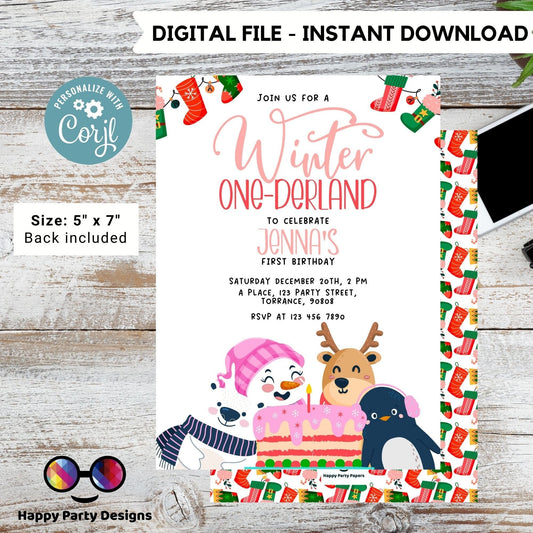Editable Winter One-derland invitation | Digital winter birthday printable invite | Birthday girl | winter animals Invitation #K239