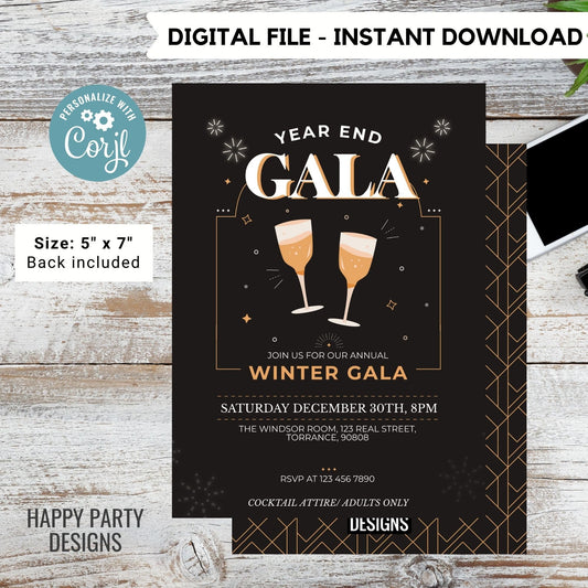 Editable Year end gala Party Invitation | New year Party printable invite | Art Deco New Years Eve Invitation | Classy and Retro #A40