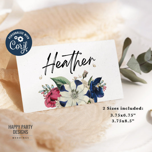 Editable floral Wedding escort card Template | Royal blue, burgundy, white Elegant Wedding, Printable, Fully Editable, INSTANT Download #W19